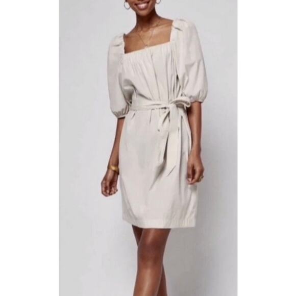Faherty Khai Poplin Puff Sleeve Cotton Off-Shoulder Dress XS Beige Neutral - Picture 1 of 10